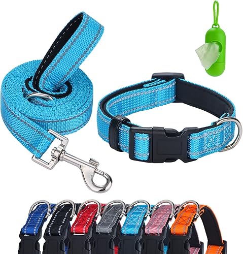 Faleela Juego de collar y correa reflectante para perro con bolsas para excrementos y dispensador collares ajustables de nailon para perros pequeños