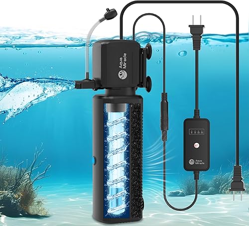 Miniatura 10 de AquaMiracle Filtro de acuario con luz U - V y esponja de filtro, filtro de tanque de peces con temporizador para agua verde, filtro de tortuga