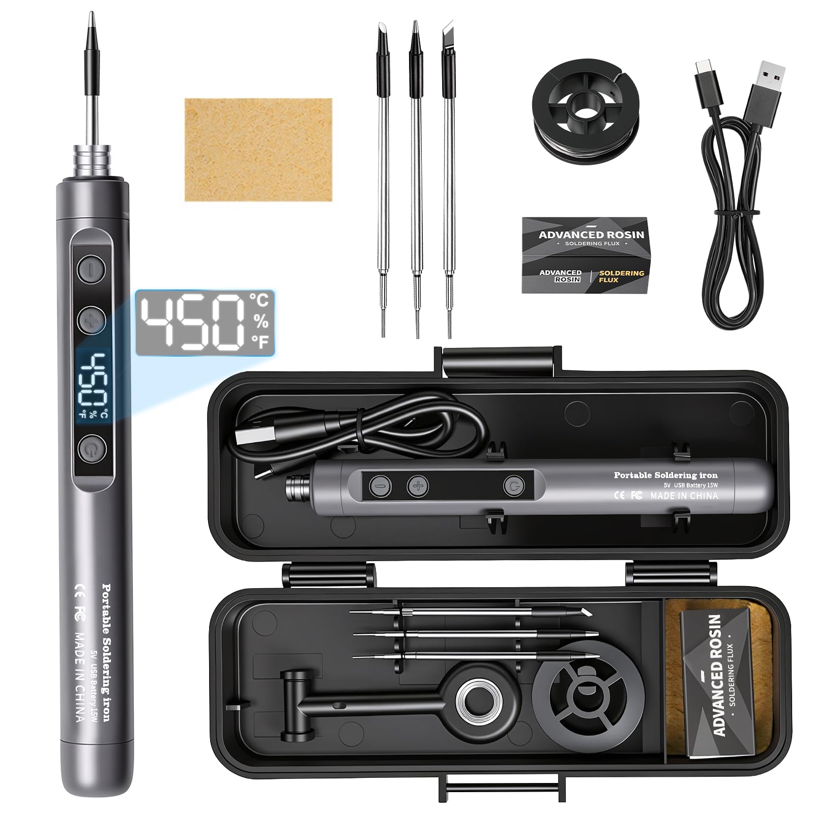 Wireless Soldering Iron Kit,Tin Soldering Iron with LCD,USB-C Rechargeable | Adjustable temperature 180℃-450℃,Includes welding wire, 3 soldering iron tips, etc,Suitable for welding and repairs