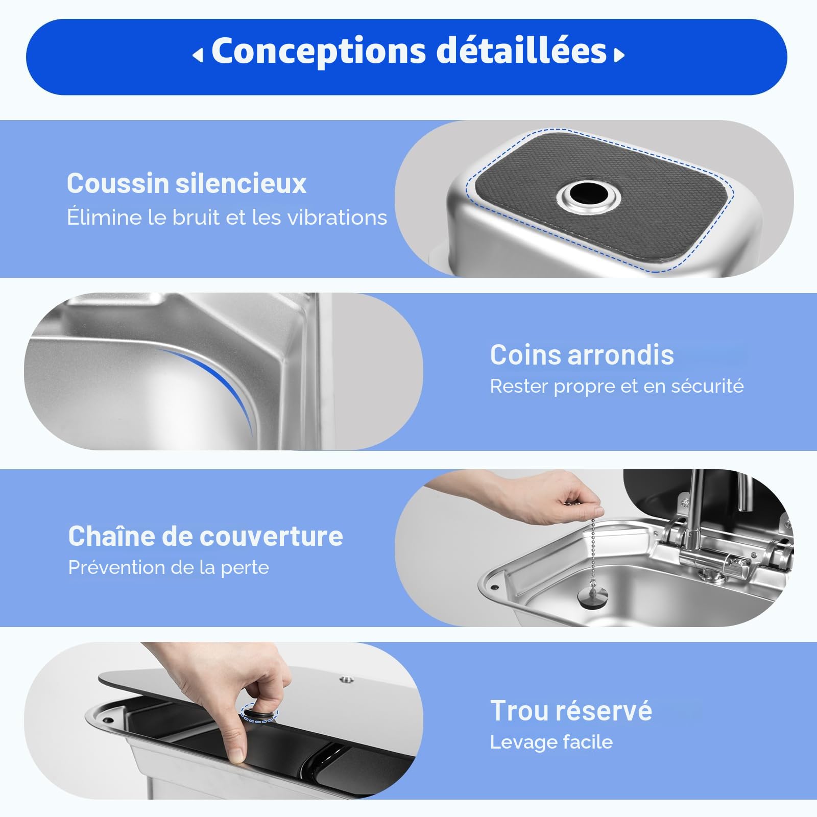 Lavabo simple à fermeture éclair avec couvercle, 41 x 36,5 x 16 cm, pour caravane, bateau, en acier inoxydable, pour camping-car, camping-car