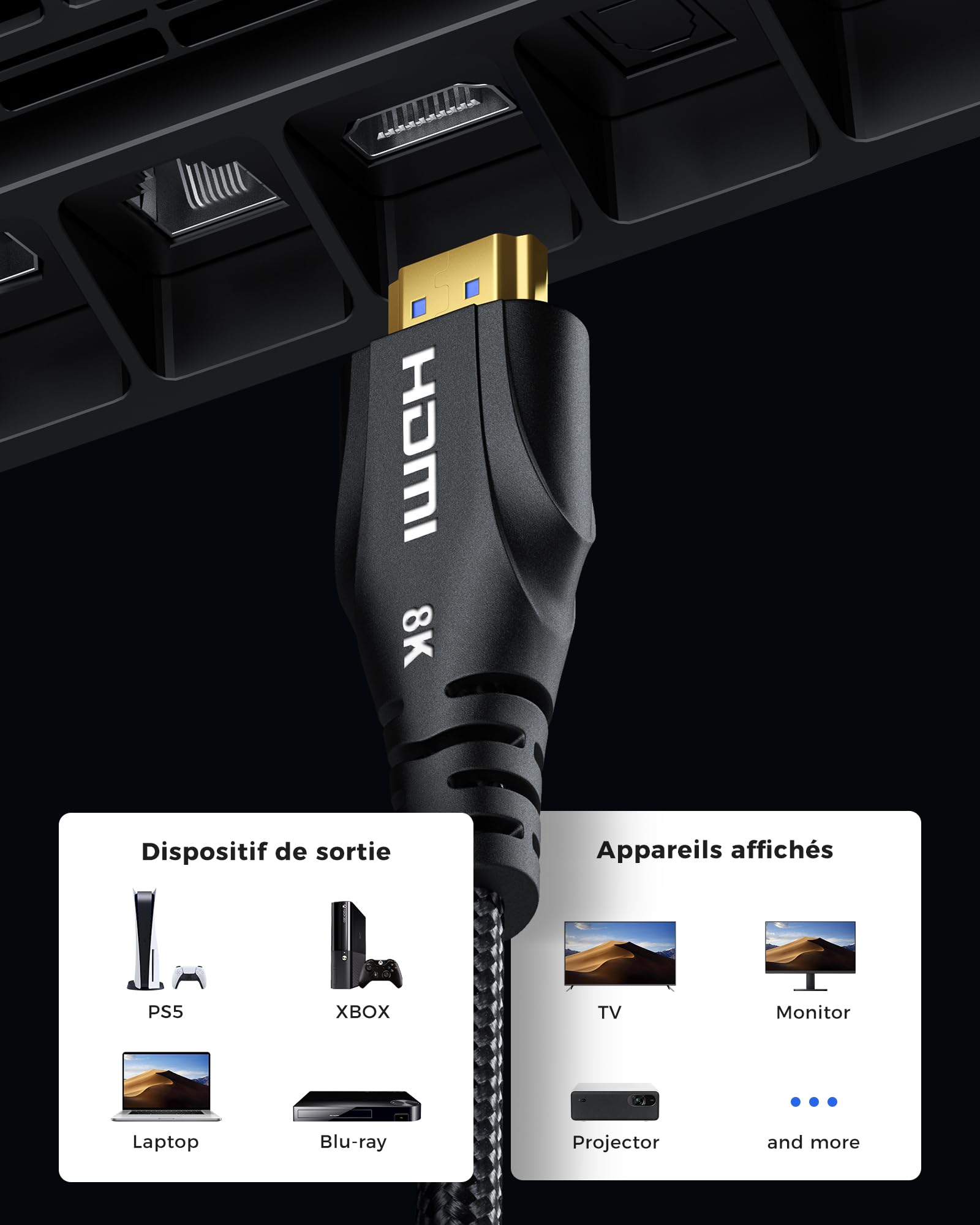 Cratree 10K 8K Câble HDMI 10m,Haute Vitesse Câble HDMI 4K 120Hz 8K 60Hz 48Gbps,Supporte eARC Dolby Atmos HDCP 2.2 2.3 Compatible avec PS5 Blu-Ray HDTV Projecteur Moniteur