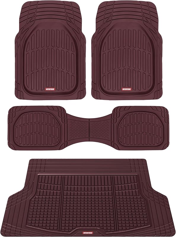 Motor Trend FlexTough Contour Liners Deep Dish 3 alfombrillas de goma para piso y alfombrilla de carga recortable para maletero – Alfombrillas de auto resistentes para todo tipo de clima con agarres de tracción, accesorios para auto (Borgoña)