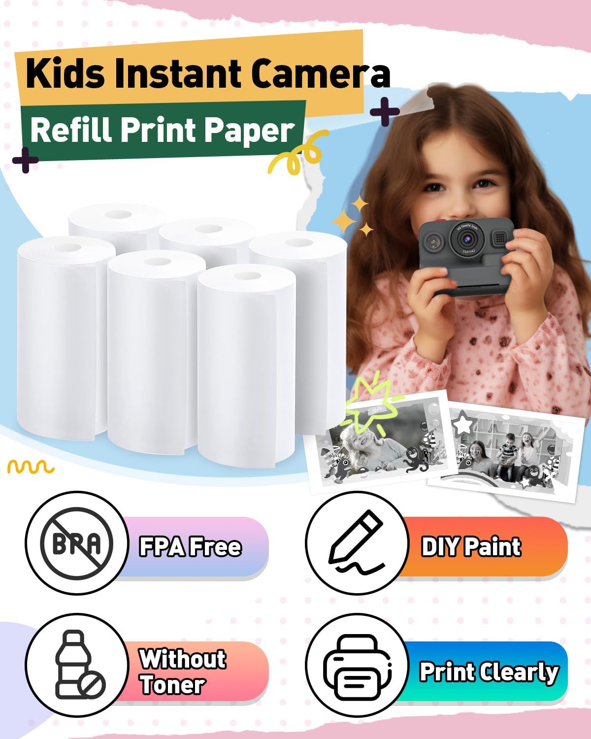 10 Rolls Kids Instant Camera Print Paper, Photo Printer Thermal Paper Rolls, BPA Free, Refill Replace Camera Instant Printer Paper for Most Kids Instant Camera - Image 2