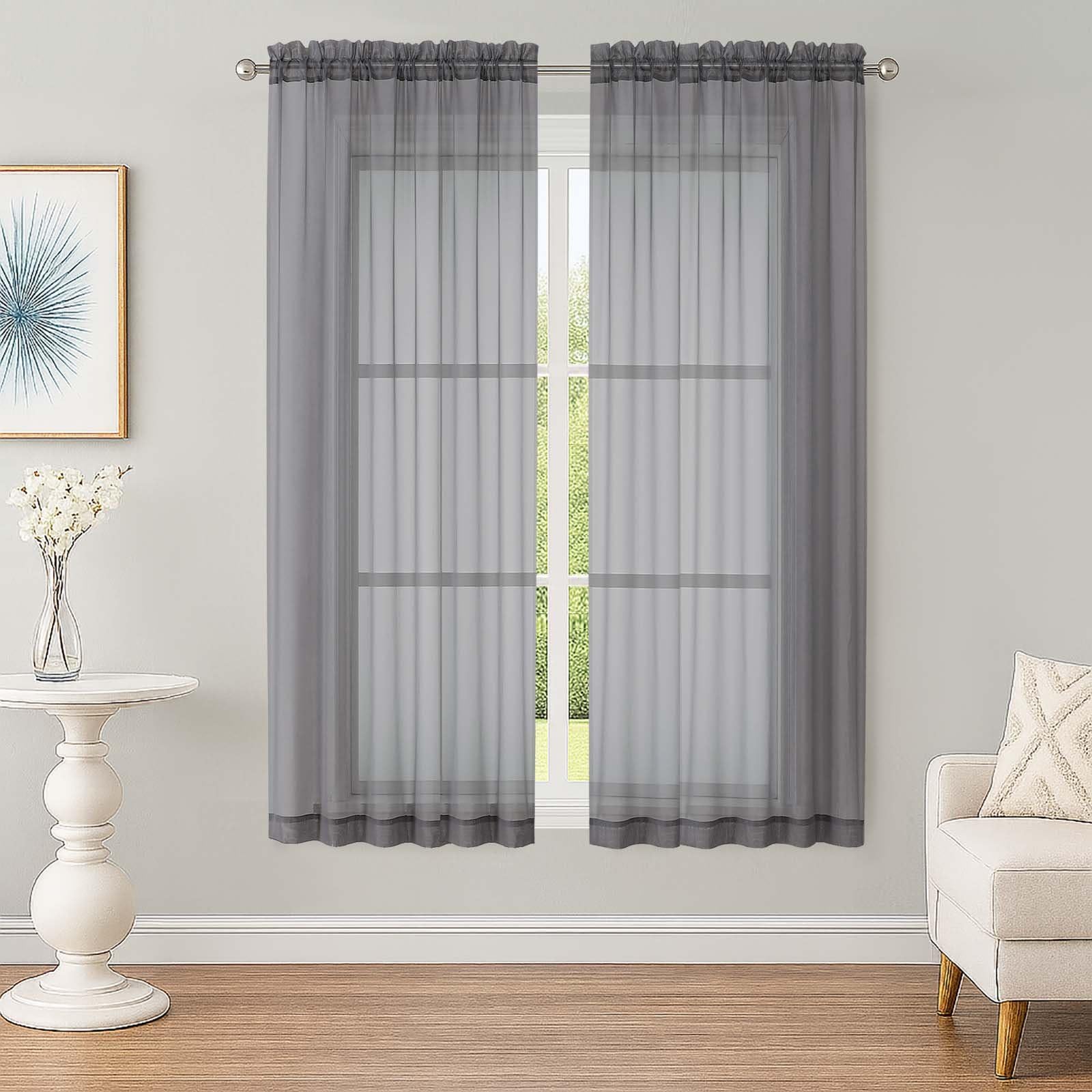 OWENIE Grey Sheer Curtains 63 inch Length 2 Panels Set, Rod Pocket Voile Fimly Sheer Drapes for Living Room/Bedroom, 2pcs, Each 52" W x 63" L