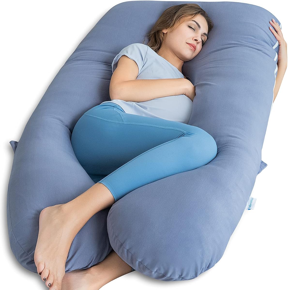 QUEEN ROSE Almohada de Embarazo, Almohadas de Cuerpo Completo en Forma de U para Dormir, Almohada de Maternidad de 55 Pulgadas para Mujeres Embarazadas con Funda Sedosa y refrescante, Azul