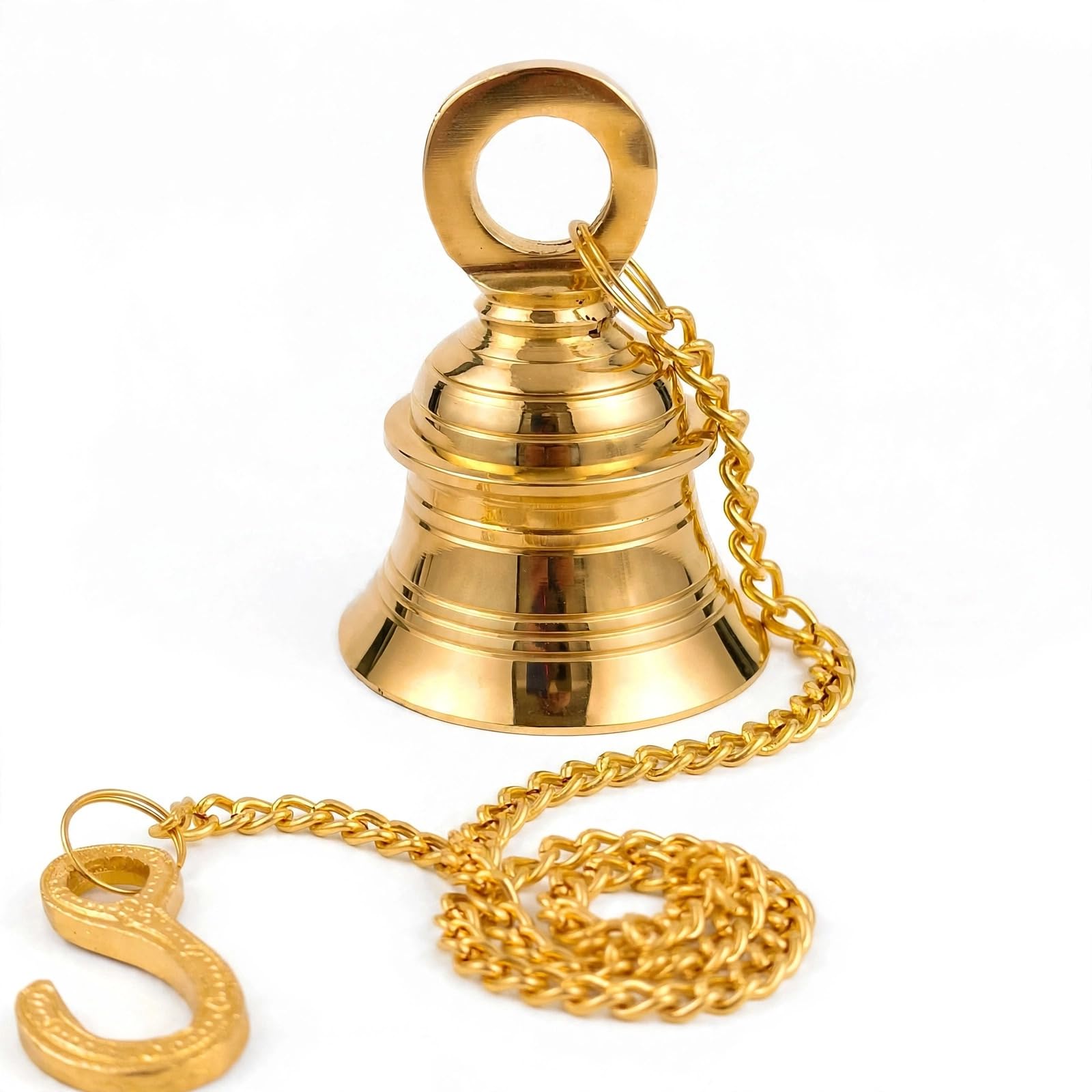 Brass Hanging Tanjori/Kawadi Bell with Chain and S Hook for Temple - Pure Brass Temple Ghanti for Home Mandir, Pooja Room-image-49