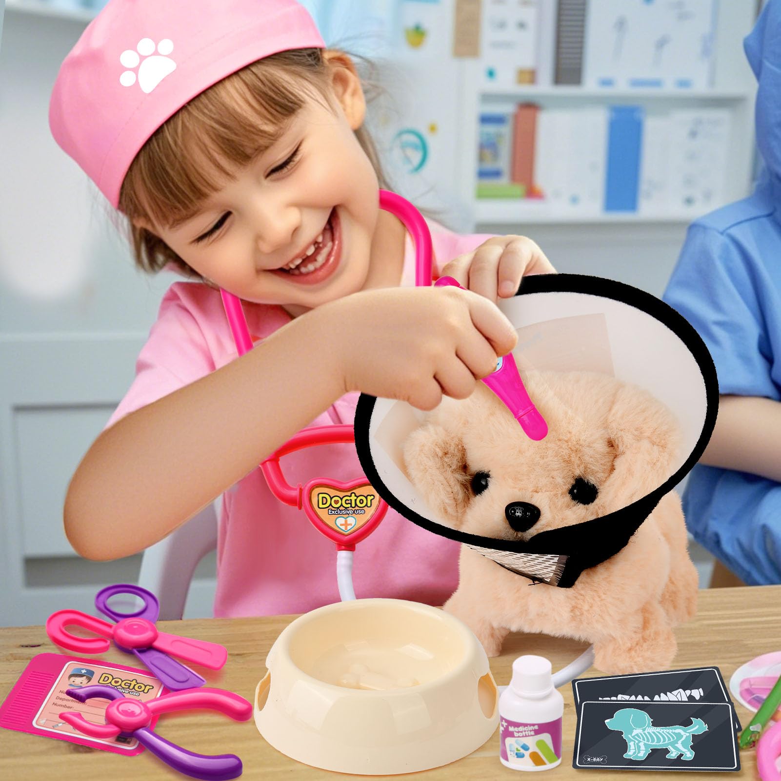 G.C Chien Jouet Enfant Électrique Chien Interactif avec Kit Docteur Déguisement Vétérinaire et Cage, Peluche Chien Qui Marche Aboie et Toilettage Jeu de Rôle Cadeau pour Fille Garçon 3 4 5 6 7 8 Ans