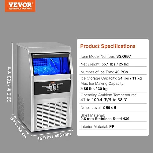 Miniatura 7 de VEVOR Máquina comercial para hacer hielo, máquina de hielo de 65 libras24 horas con contenedor de 24 libras, construcción de acero inoxidable,