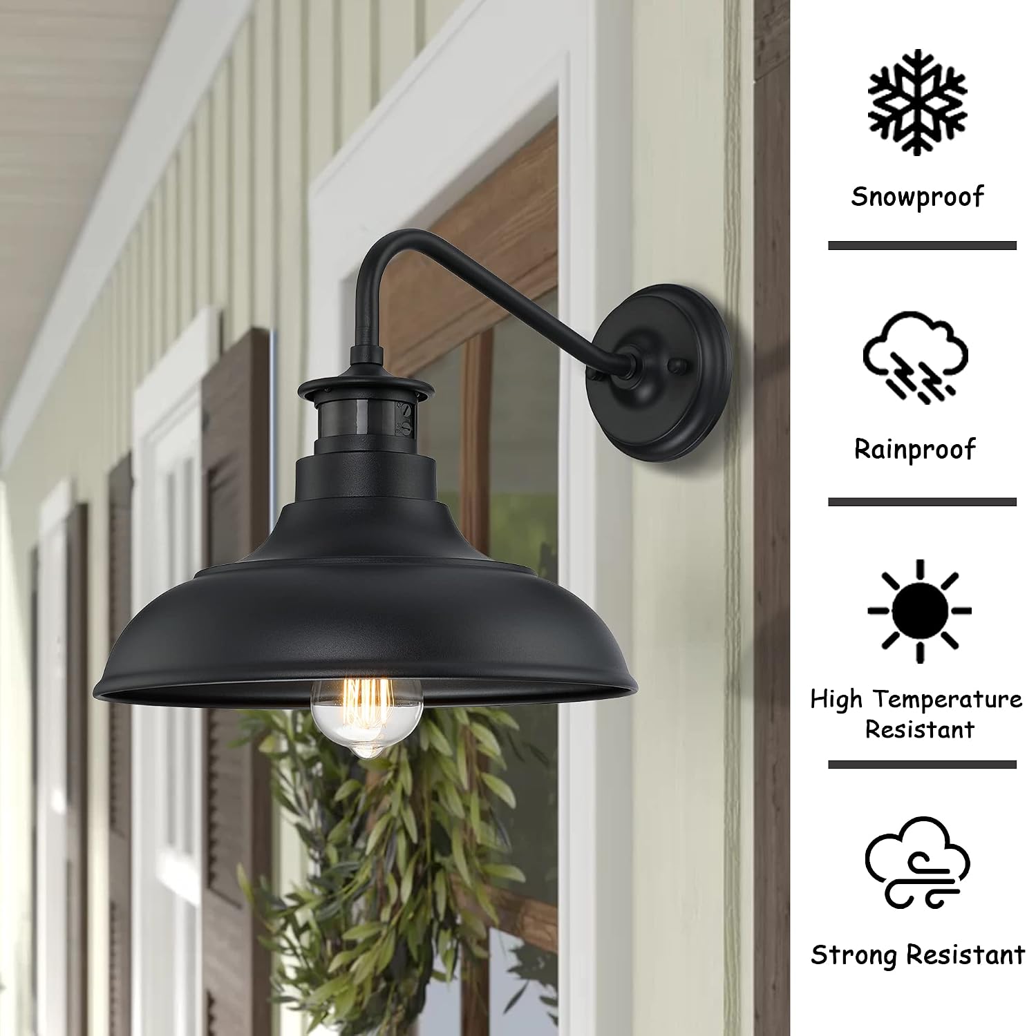 Dusk to Dawn Motion Activated Sensor Gooseneck Outdoor Wall Light Fixture, Industrial Outdoor Barn Light Matte Black Exterior Wall Sconce for Garage Porch Front Door, 2 Pack(Bulbs Included)