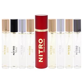 Nitro Collection by Dumont for Men 9pc Mini Gift Set: 8 x 0.34oz EDP Vials (Black, Green, Intense, Platinum, Red, White, Blue, Nitro Pour Homme) + Travel Spray Case