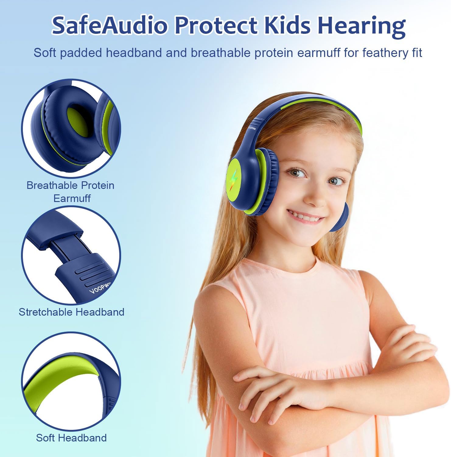 Voopwink Kids Headphones Wired with Microphone, USB Type C Headphones for Kids Girls Boys with Cord/LED Lights/85/94dB Volume Limit, Portable Over Ear Headphones for School/Travel/Tablet/iPad