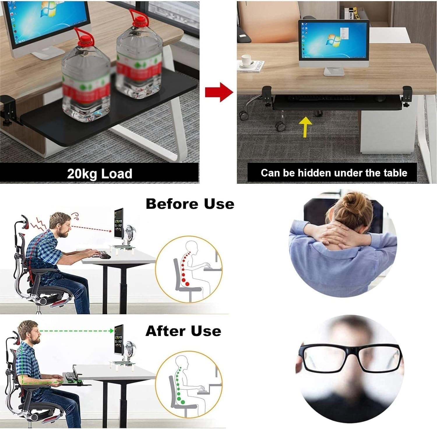 人間工学に基づいた調節可能なキーボードトレイ - 4色の木製デスクエクステンション、グライドレール付き、高さ調節可能なキーボードプラ