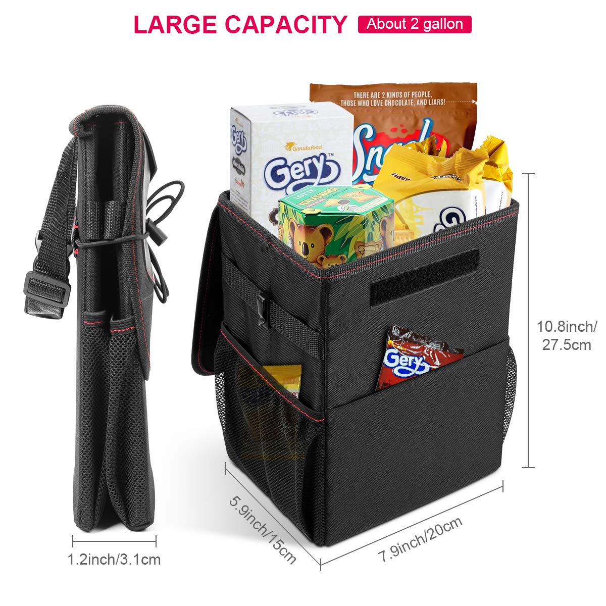 ELZO Waterproof Car Trash Can Garbage Can with Lid and 3 Storage Pockets Foldable Oxford Cloth Automotive Garbage Bin Black for Travel and Camping (Black+Red)