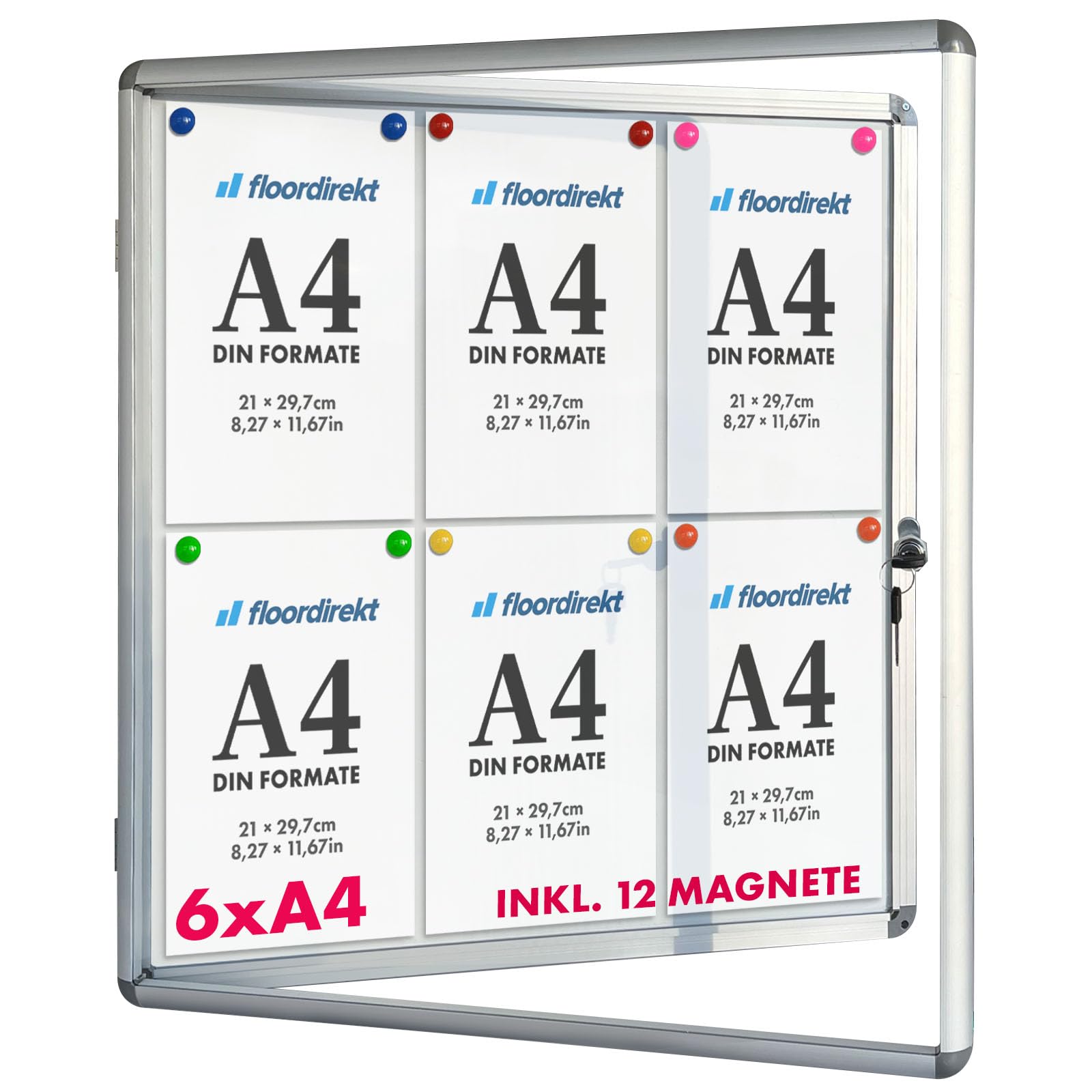 Floordirekt Vitrina de Pared 6 x DIN A4 Resistente a la Intemperie para Interior con Imanes, Caja de Anuncios, Caja de Exhibición, Pared Magnética y Escribible, Vitrina de Carteles con Marco de