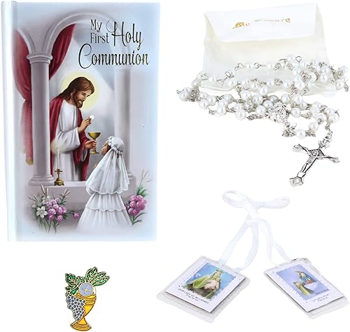 Needzo Juego de primera comunión para niñas, rosario blanco, escapular, alfiler de solapa y libro incluido, regalos de recuerdo católicos, Zinc, No