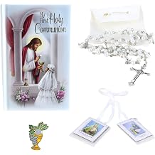 Needzo First Communion Set for Girls, White Rosary, Scapular, Lapel Pin, and Book Included, Catholic Keepsake Gifts