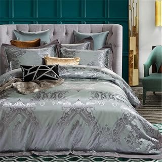 Satin Cotton Blue Silver Luxury Royal Bedding Set King Size Silky Bed Set Duvet Cover Bedsheet Linen Pillowcase (12 King 4Pcs)