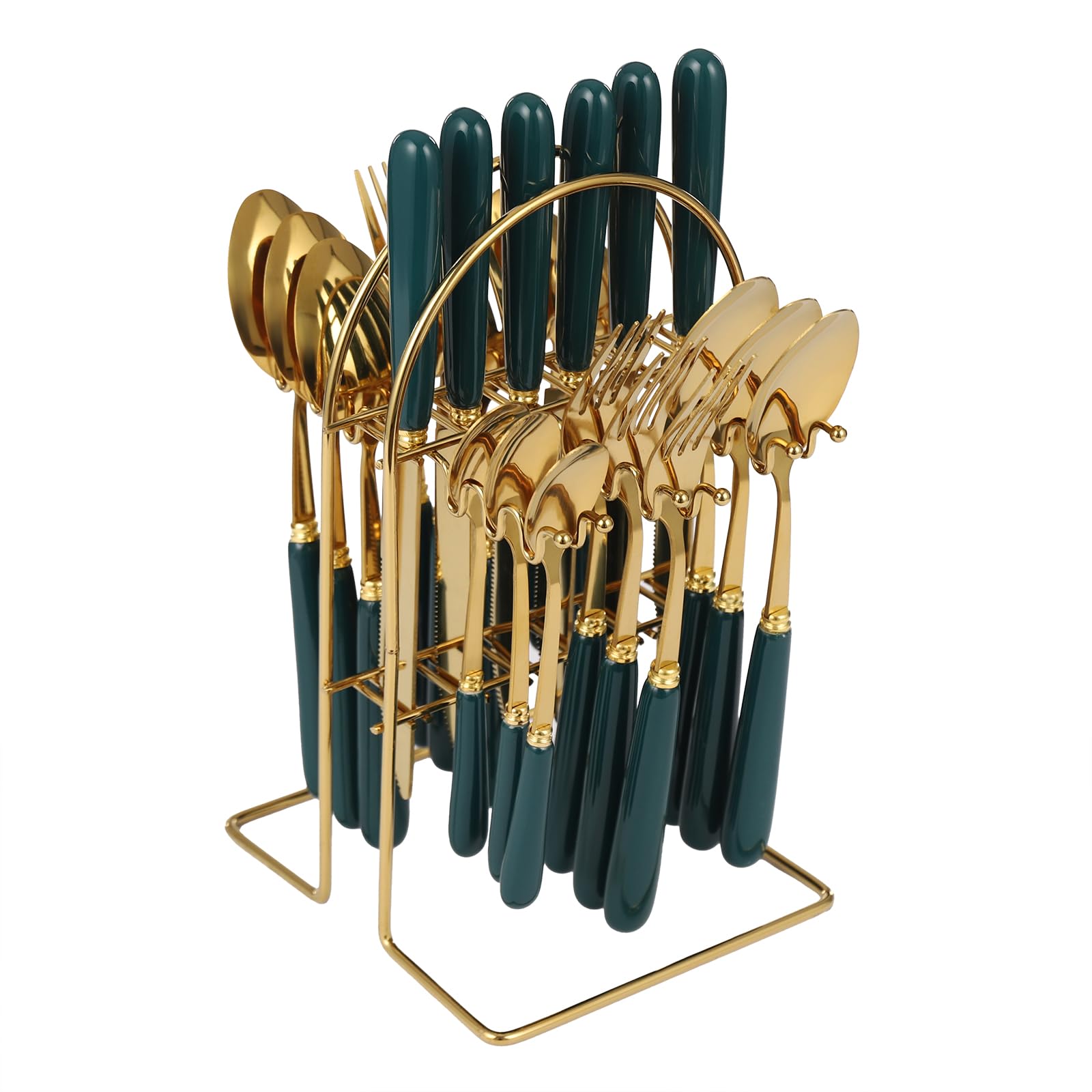 Stainless Steel Flatware Set, 24 Piece Cutlery Set with Holder, Service for 6, Spoons Forks Knives Set, Hanging Set for Restauroom Wedding Birthday Parties (Gold+ Dark Green)