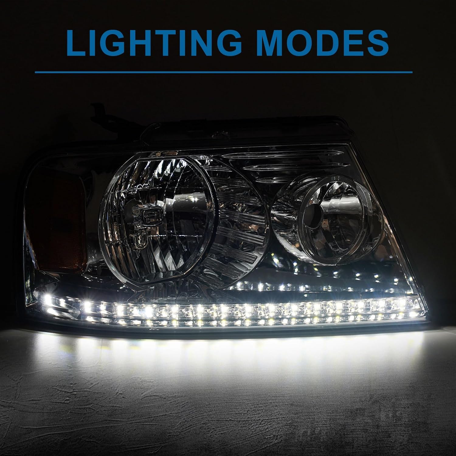 Headlights for 2004-2008 Ford F150 / 2006-2008 Lincoln Mark LT Pair Front Lights w/LED Running LIghts Replacement Headlamps Chrome Housing Amber Reflector