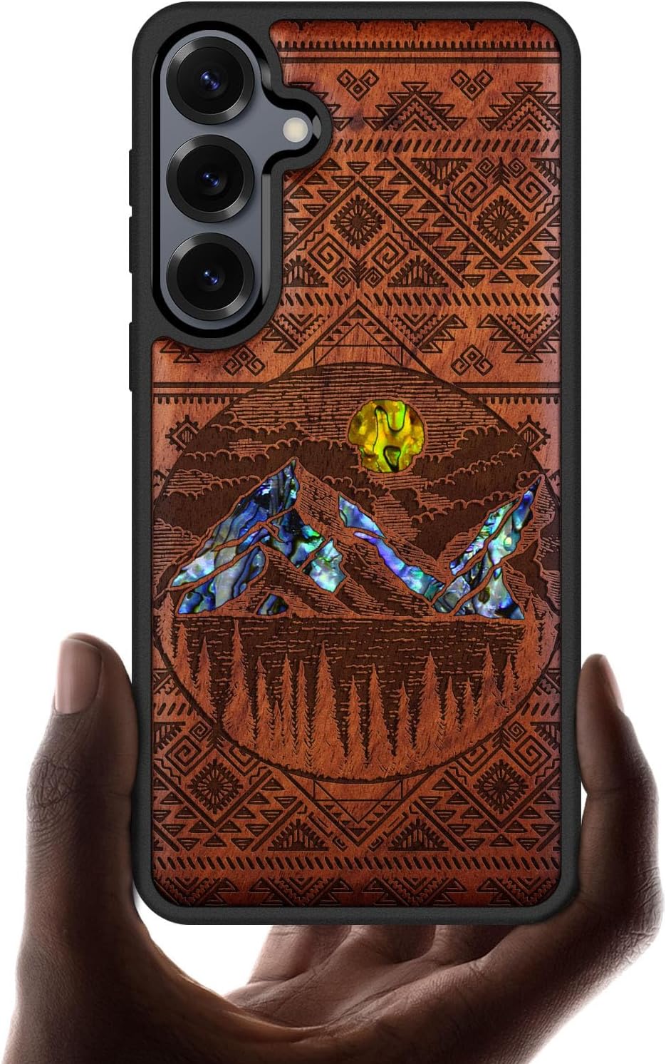 Carveit Magnetic Wooden Case for Samsung Galaxy S25 Case, Wood Artisan Engraved & Handmade Shell Inlaid, Compatible with MagSafe Wireless Chargers (Aztec Style Alpine Lakes) Rosy