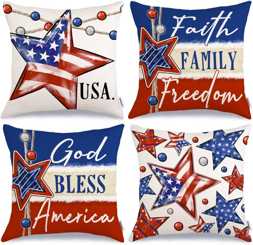 GEEORY 4th of July Throw Pillow Covers 18x18 Inch Set of 4, Patriotic Stars Faith Family Freedom God Bless America Striped Decorative Farmhouse Decoration for Home G526-18