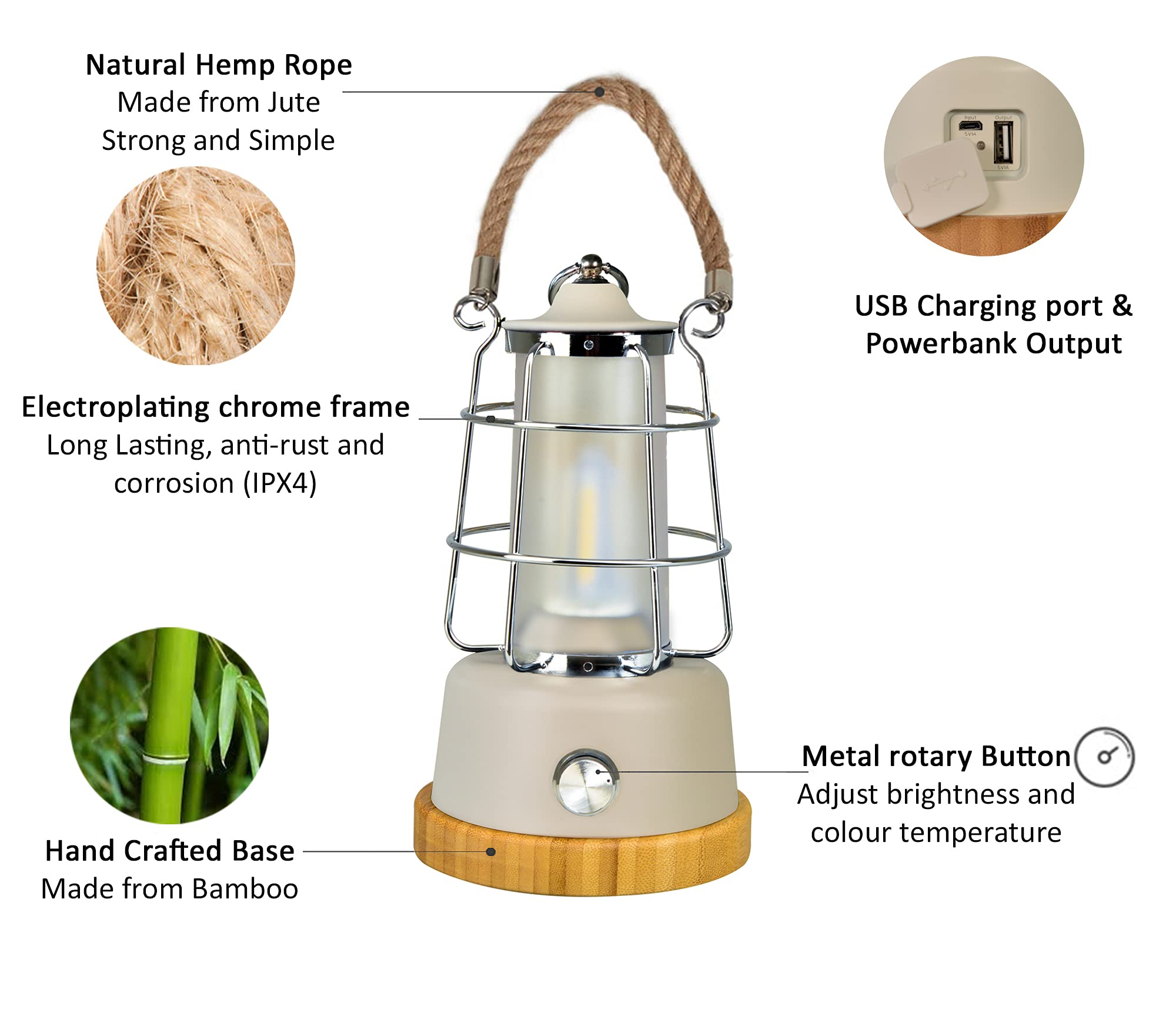 HARPER LIVING Linterna LED retro recargable para camping, resistente al agua, 6 W, 370 lúmenes, batería externa de 5000 mAh, regulable y con cambio de color, ideal para salón