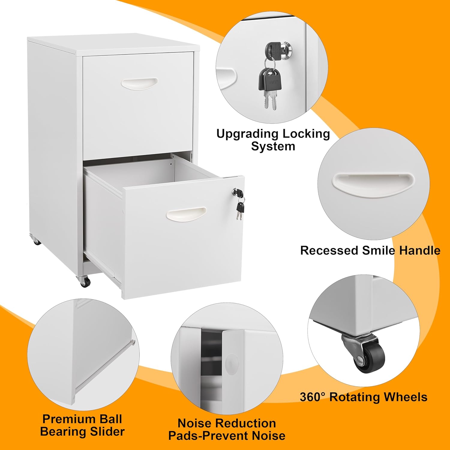 2 Drawer Mobile File Cabinet with Lock, Metal Filing Cabinets with Wheels, White Rolling Storage Cabinet, Under Desk Vertical File Cabinet for Home Office, Lockable Steel Two Drawer for Letter Size