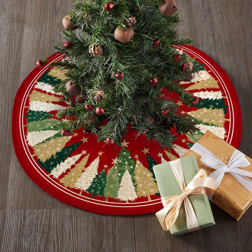 Falda Arbol Navidad de 122cm(48 Pulgadas), Cubre Pie Arbol de Navidad con Estrellas Brillantes y Patrón de árbol, Adecuado para Decoracion, Fiestas