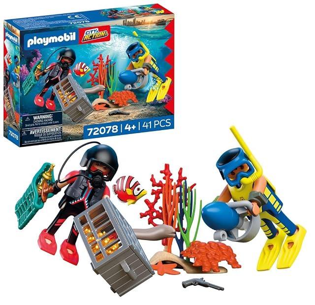 PLAYMOBIL | City Action | Buzo policía con Tesoro | 2 Figuras + Moto submarina y Criaturas Marinas | Fomenta la Creatividad | Juguete Infantil a Partir de 4 Años | 72078