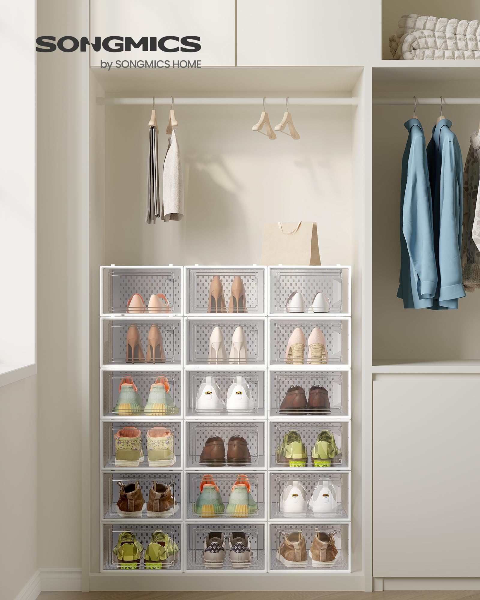 SONGMICS Boîtes à Chaussures, Rangement Chaussures en Plastique, Pliables et Empilables, pour Pointure Jusqu’à 43, Lot de 18, Transparent et Blanc Nuage LSP066W18
