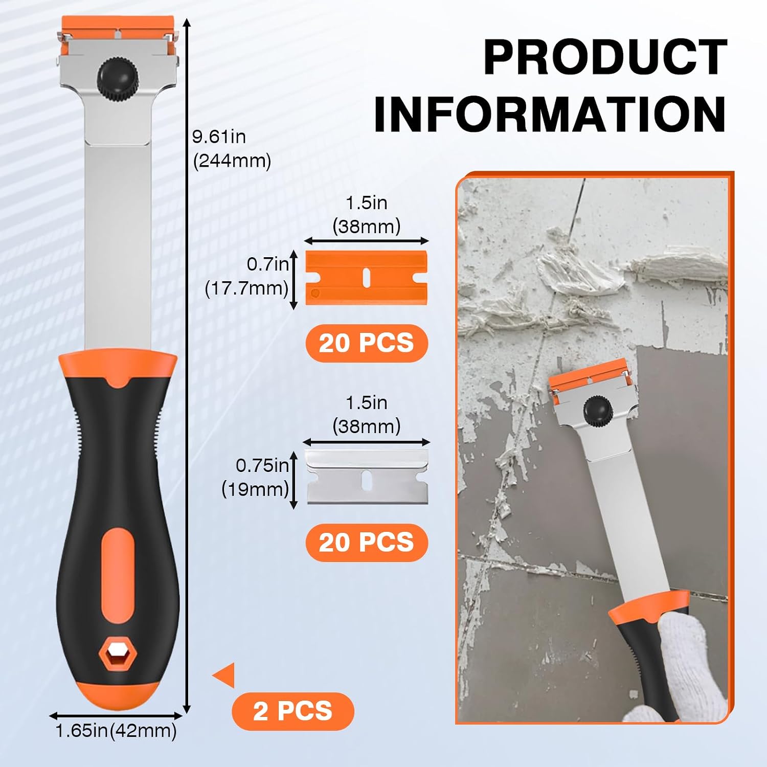 2 Pack Razor Blade Scraper Tool with 20 Metal & 20 Plastic Razor Blades, Multi-Purpose Long Handle Heavy Duty Scraper Tool for Cleaning Cooktop, Oven, Floor, Paint, Tile, and Window Glass image 2
