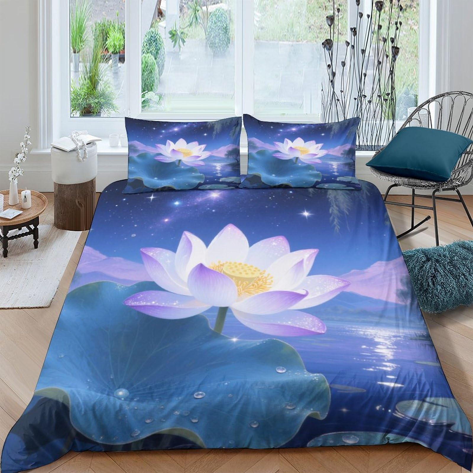 Housse de couette fleur de lotus 3D 200x200cm en microfibre douce avec taie
