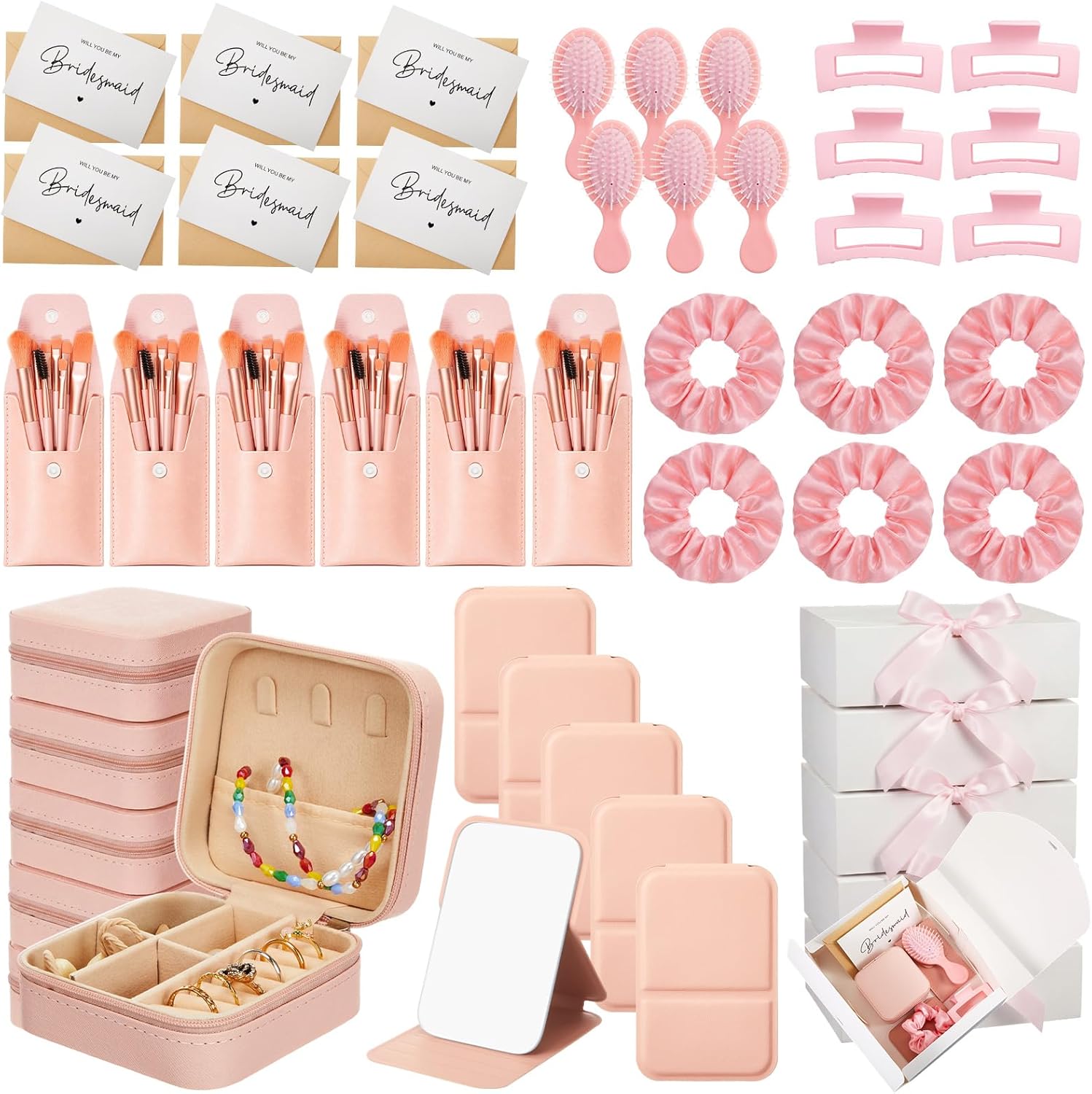 Novabright 48 Pcs Bridesmaid Proposal Gifts Box Set of 6 - Will You Be My Bridesmaid Gift Kit with Leather Jewelry Box & Mirror, Hair Accessories for Wedding, Bridal Shower, Bachelorette Party Favor