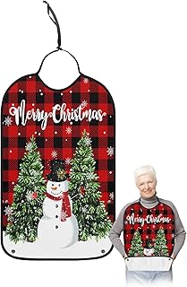 Christmas Snowman Adult Bibs for Elder Women Men Eating, Red and Black Buffalo Plaid Xmas Tree Snowflake Waterproof & Washable Bibs for Eating Clothing Protector Dining Bibs for Crumb Catcher