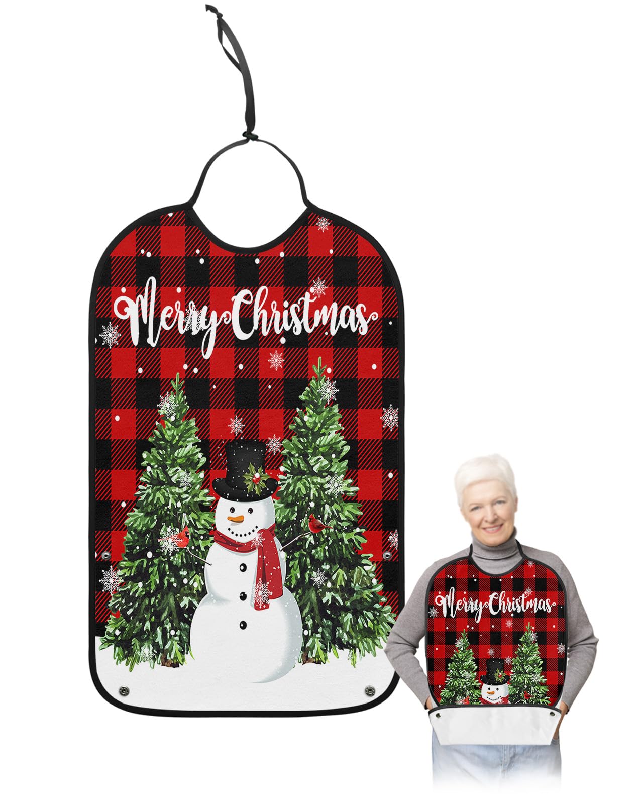 Christmas Snowman Adult Bibs for Eating, Waterproof Bibs with Food Catcher & Adjustable Snap Closure, Red and Black Buffalo Plaid Xmas Tree Snowflake Clothing Protectors Adult Bibs for Elderly