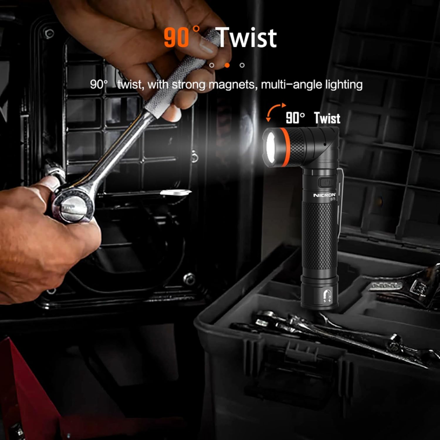 Hand holding NICRON B75 flashlight with its head twisted 90 degrees, illuminating a work area