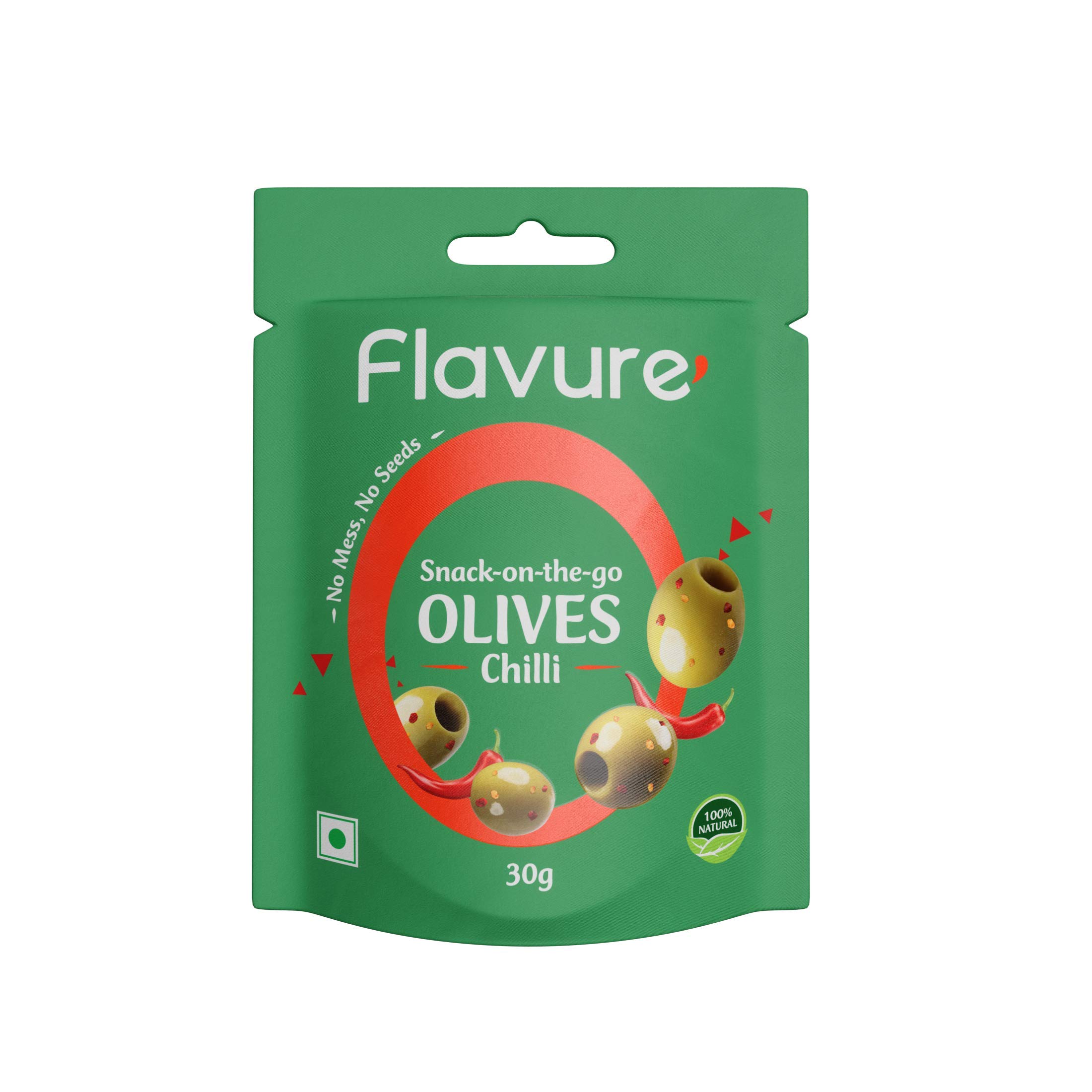 Flavure Snack-on-The-Go pitted Olives Chili - Box of 12 Pouches (30g Each)