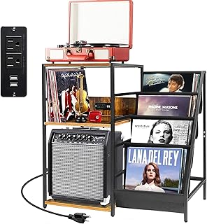 Record Player Stand with Storage - Record Player Shelf with 4 tier Vinyl Record Storage Layer, 3 Tier Record Player Cabinet up to 200 Albums Record Holder Table for Vinyl Record Players