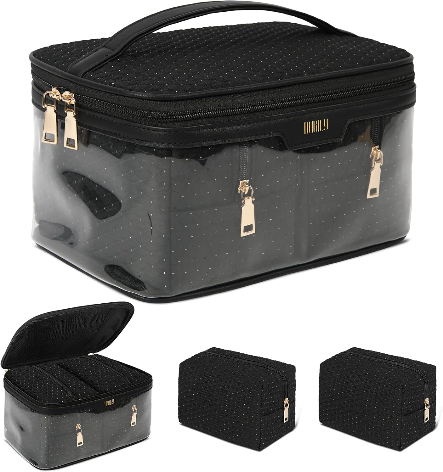 Makeup Bag 3Pcs Cosmetic Bag for Women and Girls Clear Travel Toiletry Bag Makeup Organizer Bag with Handle, Black : Beauty & Personal Care
