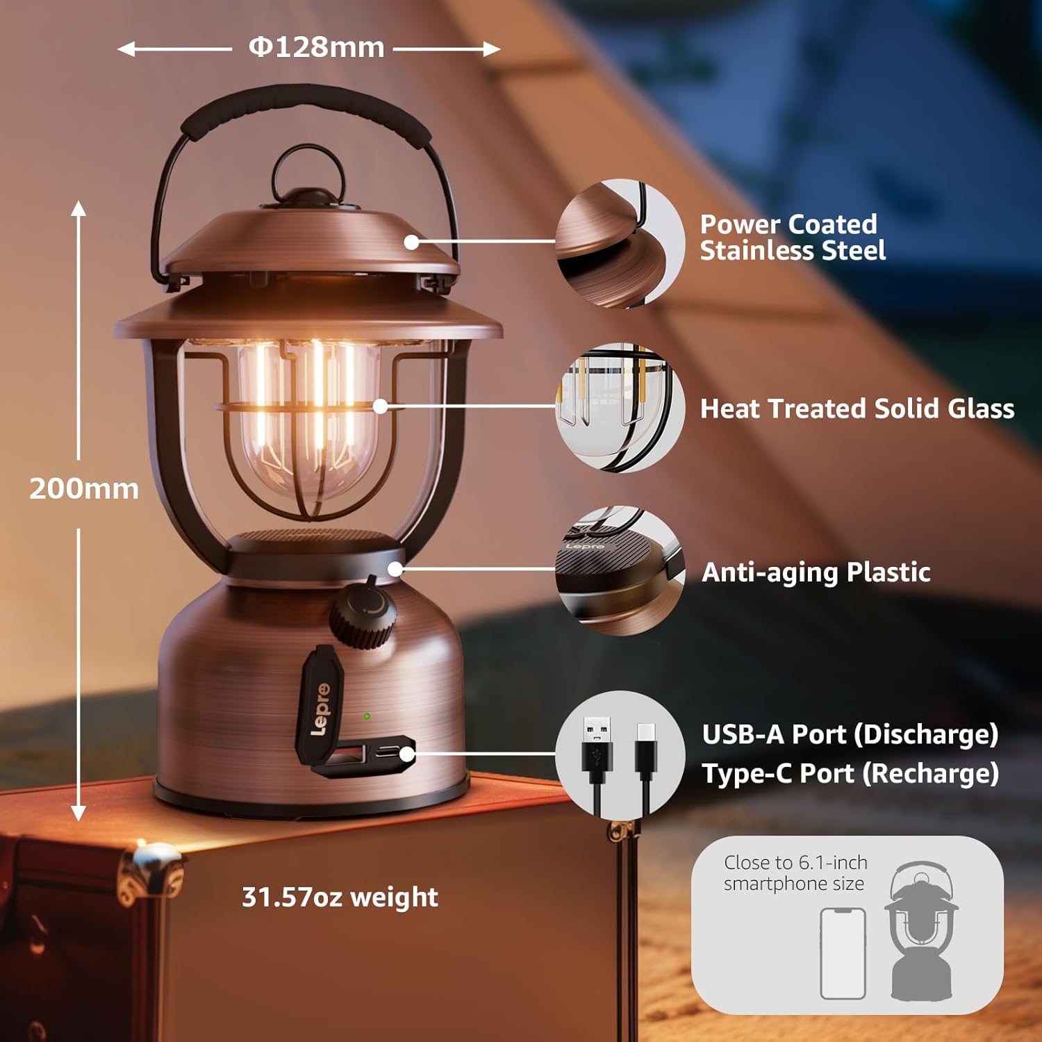 Lepro Vintage LED Camping Lantern Rechargeable - 15000mAh Power Bank, 1000LM Stepless Dimming, Dual Color Temp 2500K & 5000K, IPX4 Waterproof Retro Railroad Lantern for Camping, Home Decor & Emergency