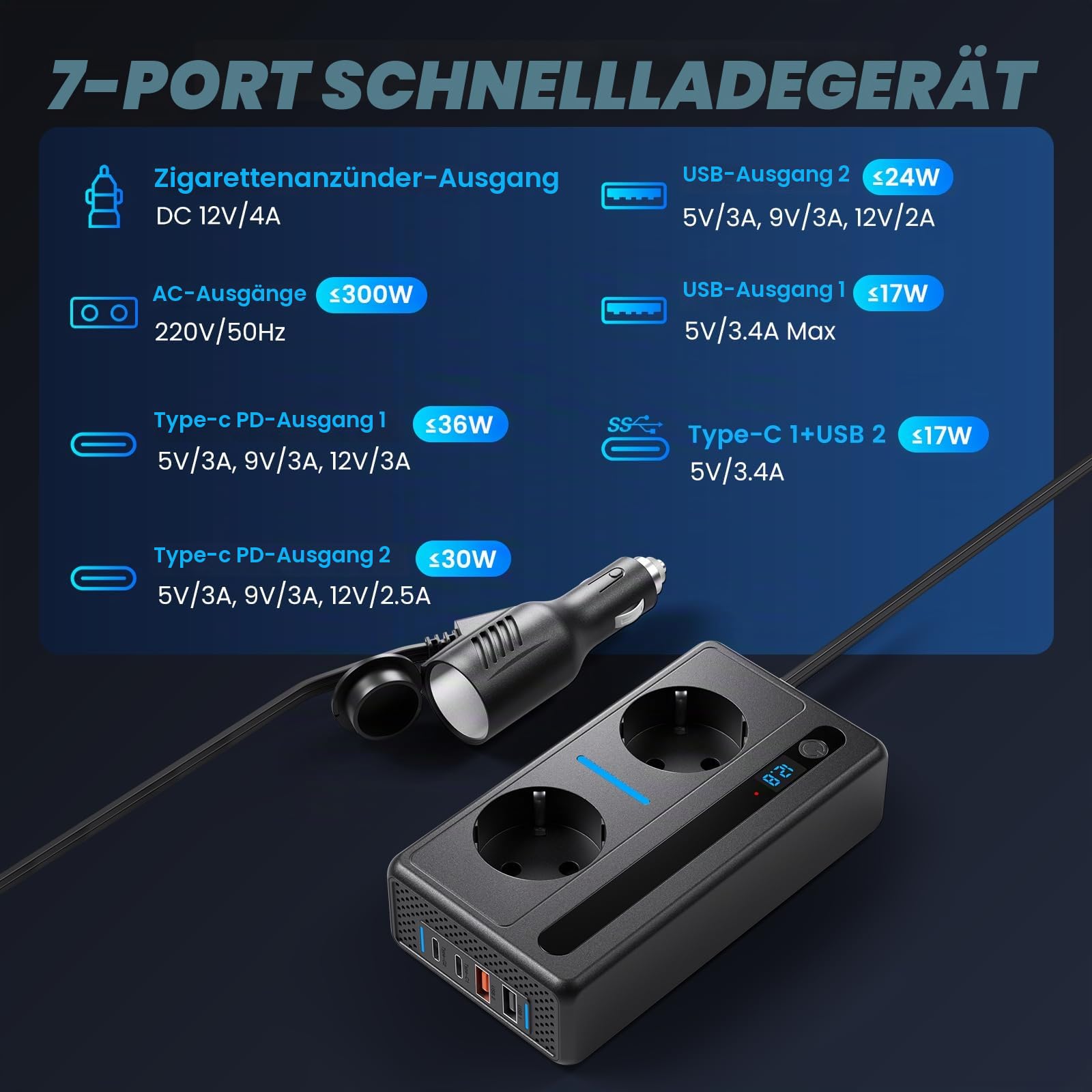 Auto Spannungswandler 300W, Wechselrichter DC 12V auf AC 230V Schnellladung Autoladegerät mit Zigarettenanzünderstecker 7-Port Ladegerät mit 2 Steckdosen 2 USB-Anschlüsse 2 Typ-C-Anschlüsse