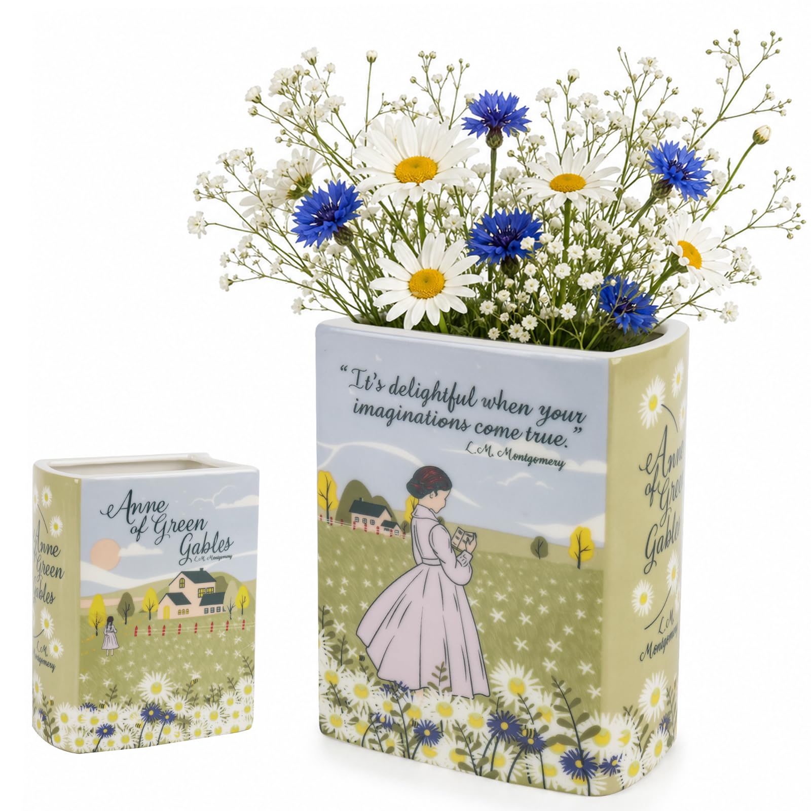 RNPKZ Ceramic Book Vase for Flower, Small Book Shaped Decorative Vase, Aesthetic Book Flower Vase, Vintage Unique Book Shaped Vase for Bookshelf Dcor Room Home Book Lovers Gifts (Anne of Green Gables)