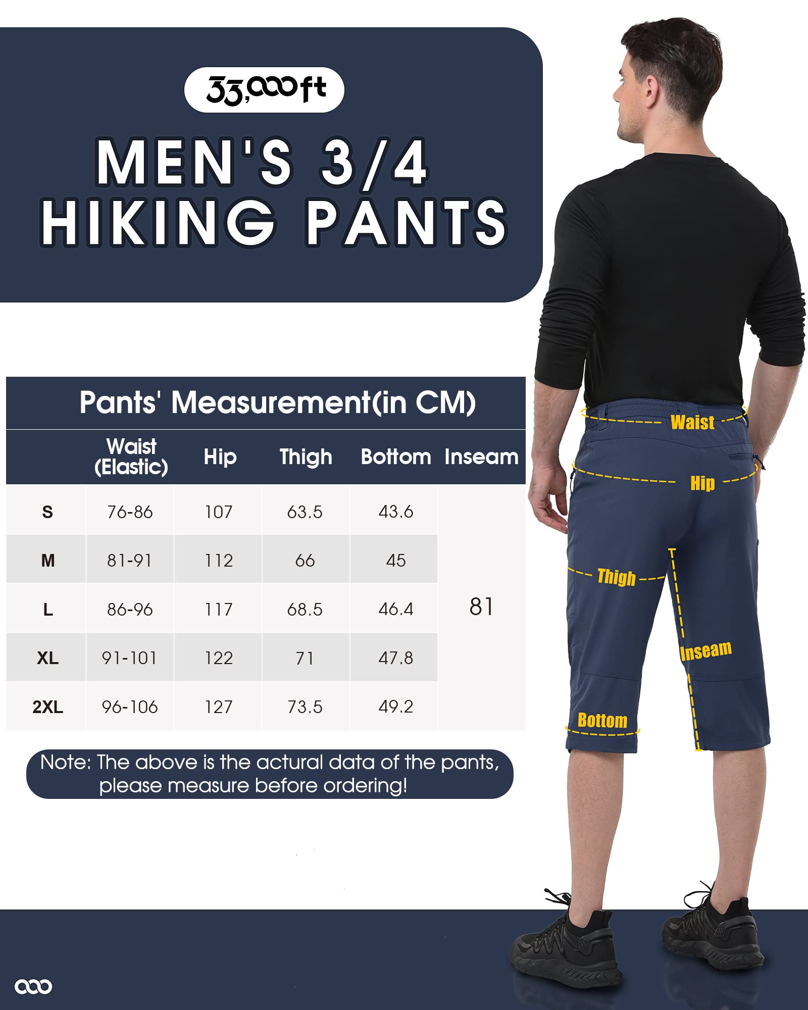 33,000ft Pantaloni Capri da Uomo Quick Dry 3/4 Pantaloncini Cargo da Trekking Bermuda Traspiranti Elasticizzati con Tasche