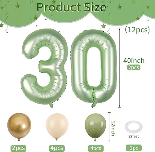 Miniatura 9 de Globo verde salvia número 2 de 40 pulgadas, globos de 2 cumpleaños verde oliva, globos de látex retro blanco aguacate verde dorado globo gigante de