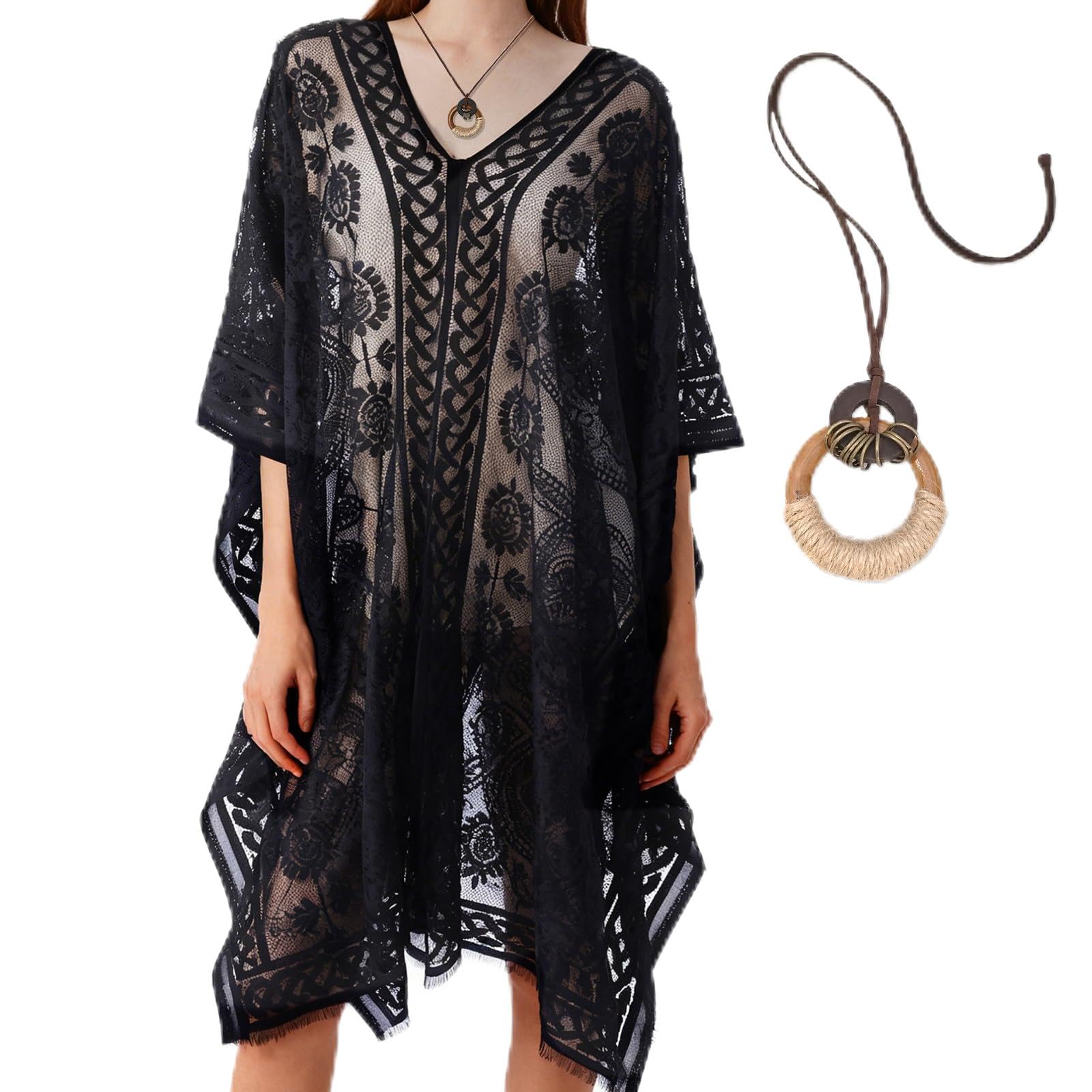 Llikknve Women's Black Beach Coverups For Bikini Cover Ups For Swimsuit Coverup For Holidays, Poolside, Seaside, And Party, With A Necklace