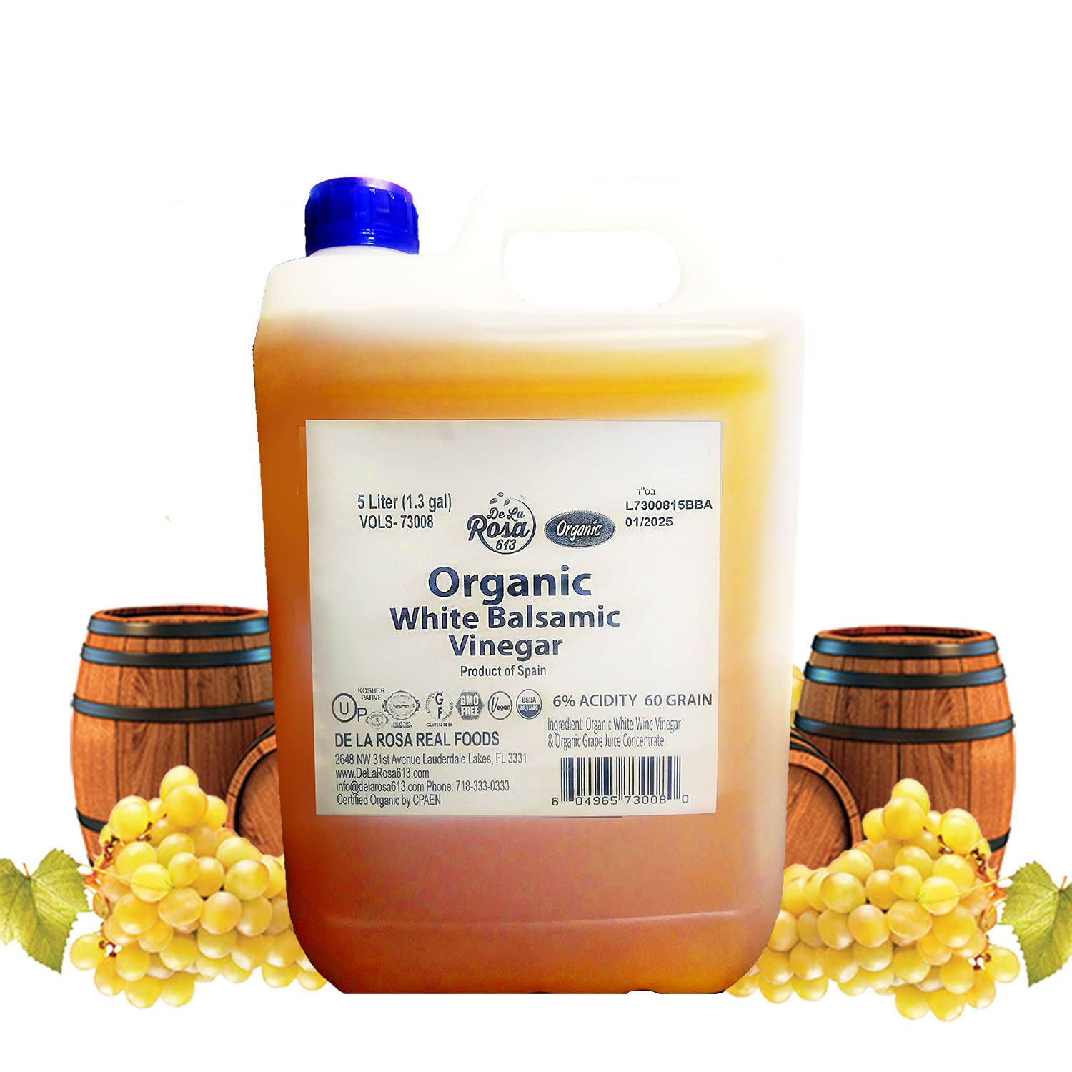 De La Rosa Organic White Balsamic Vinegar, Vegan, Kosher, Non-GMO & Gluten Free, Great for Salad Dressings, Marinades & More 5 Liter (Pack of 1)