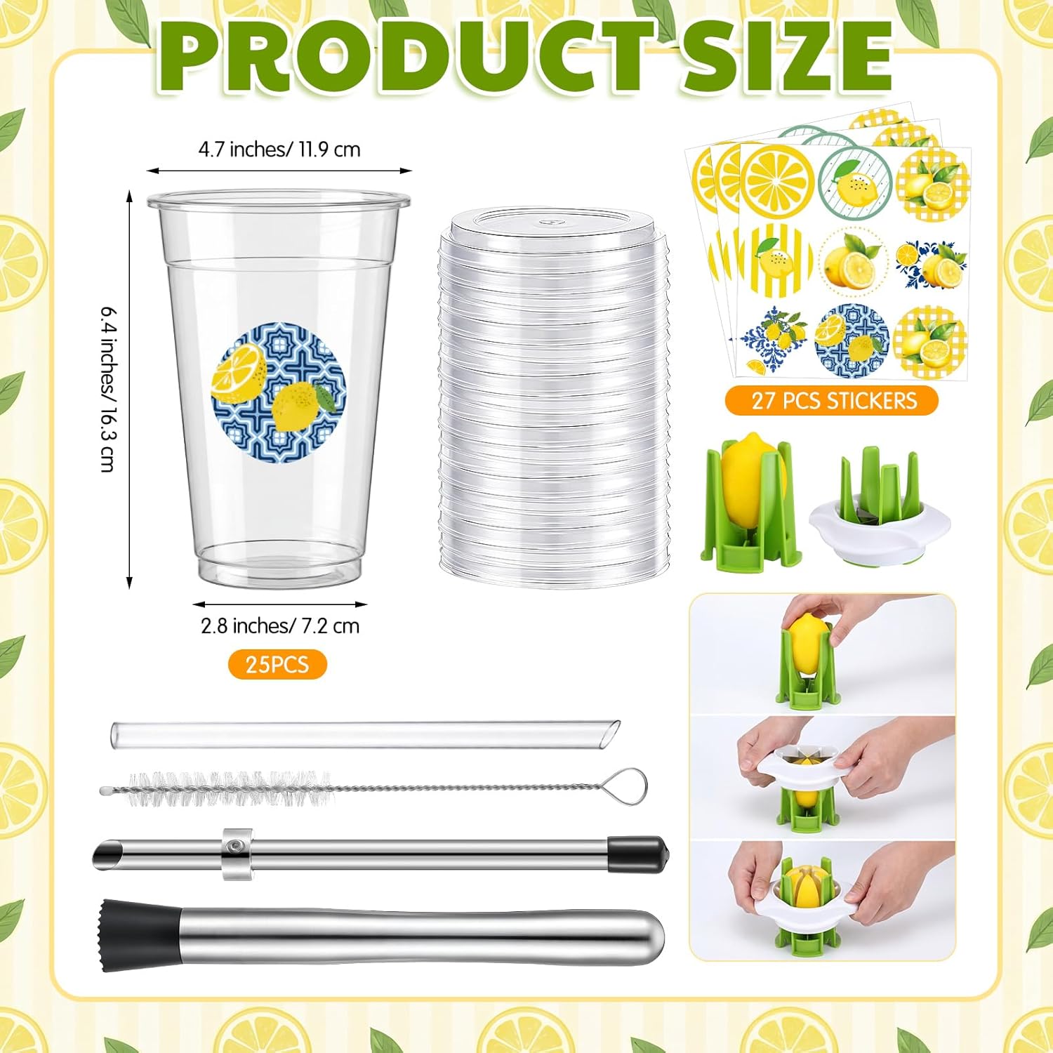 Yungyan 32 Pcs Fresh Lemonade Stand Supplies Set Lemon Stand Kit for Summer Lemon Party Decoration 25 Pack Lemonade Cups with Lids Straws and 3 Stickers, 1 Slicer, 1 Straw Puncher, 1 Ice Crusher