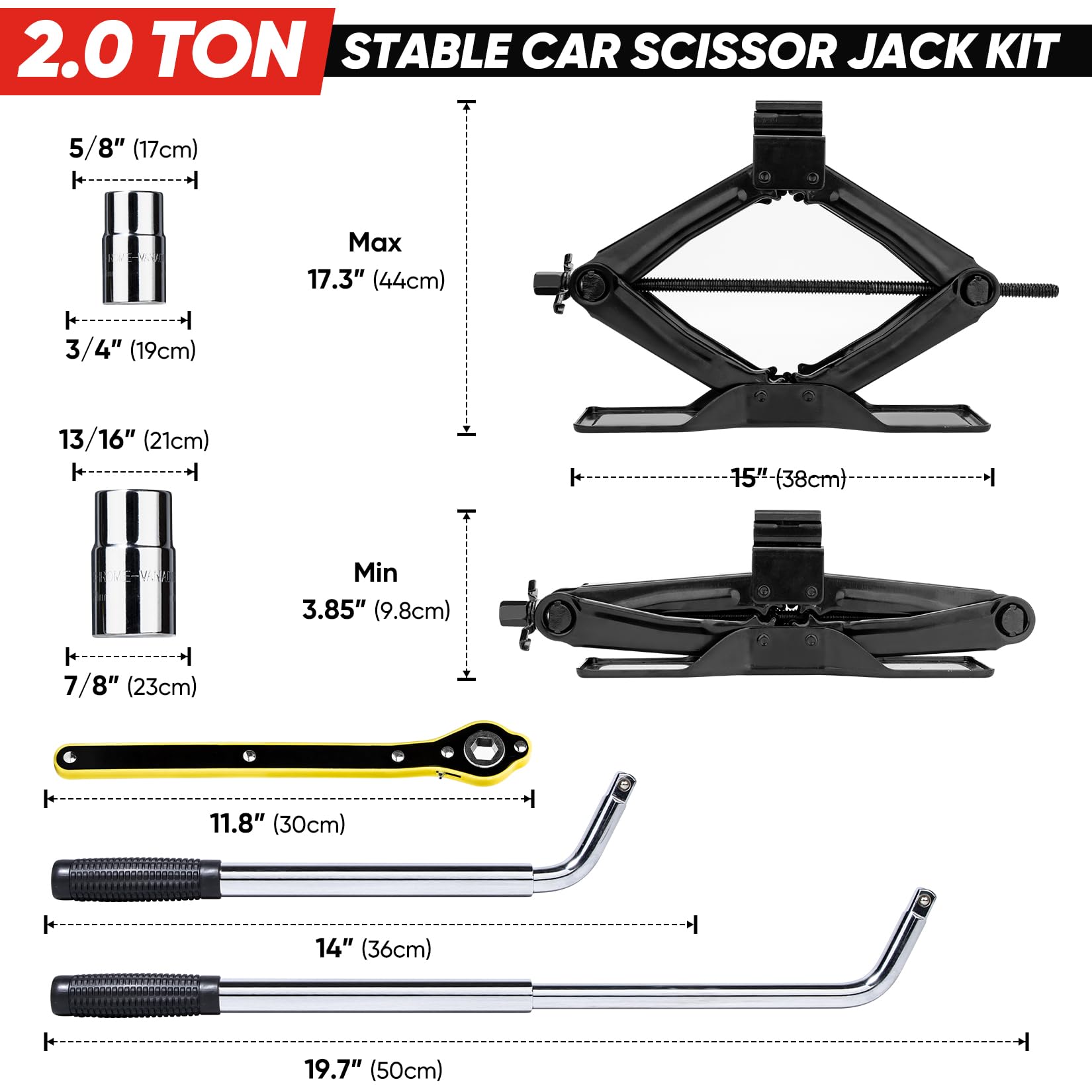 SHALL Kit cric ciseaux 2 tonnes – Base extra longue et large, levage de pneu 98 mm-400 mm Kit complet de changement de pneu (cliquet, clé de roue et gants) pour voitures et SUV