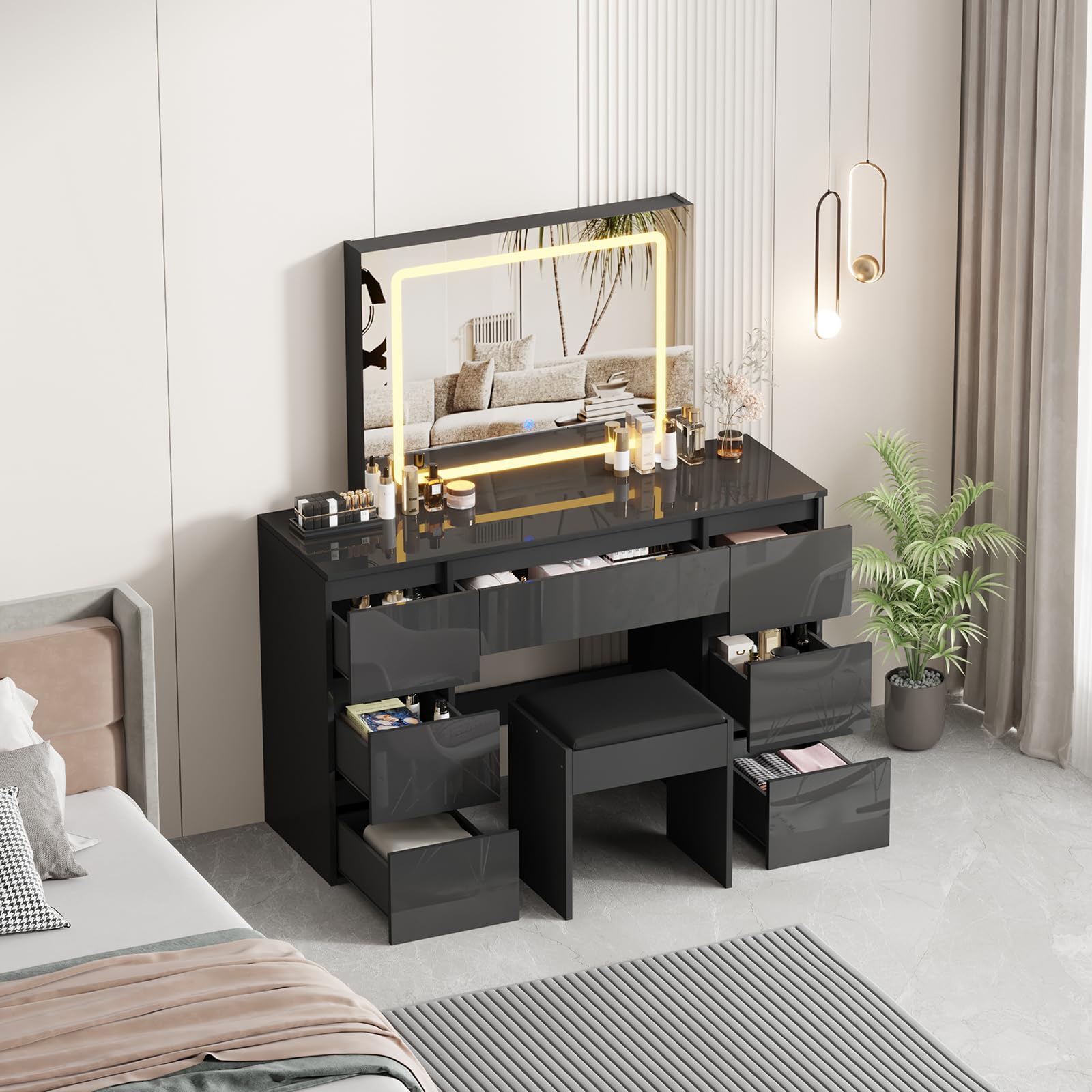 Mode Hochglanz Schminktisch mit Spiegel und Hocker, Frisiertisch mit LED Beleuchtung Licht, Damen und Mädchen 7 Schubladen Make-up Tisch Für Schlafzimmer, Kosmetikzimmer (Schwarz)