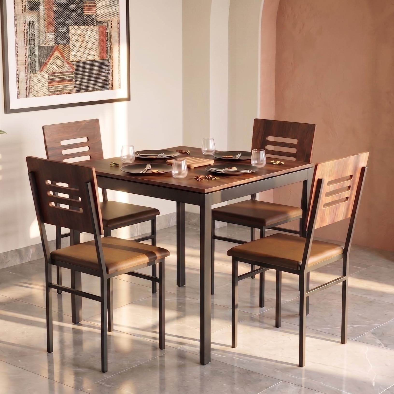 BLUEWUD Halven 4 Seater Dining Table Set for Home | Compact Modern Dining Table with 4 Chairs | Ideal for Kitchen, Dining Room, Square, DIY (Do it Yourself) (Brown Maple & Black)-image-37